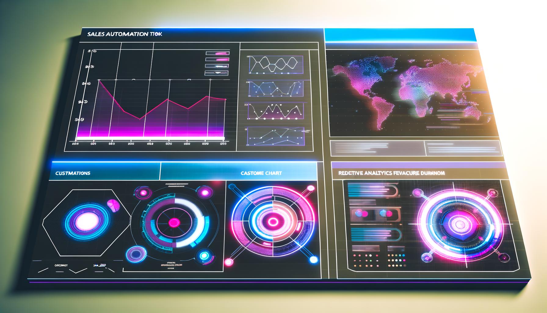 An image of a futuristic sales automation tool dashboard with graphs, charts, and data analytics