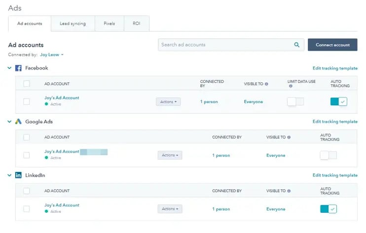 Ad accounts connections hubspot linkedin ads